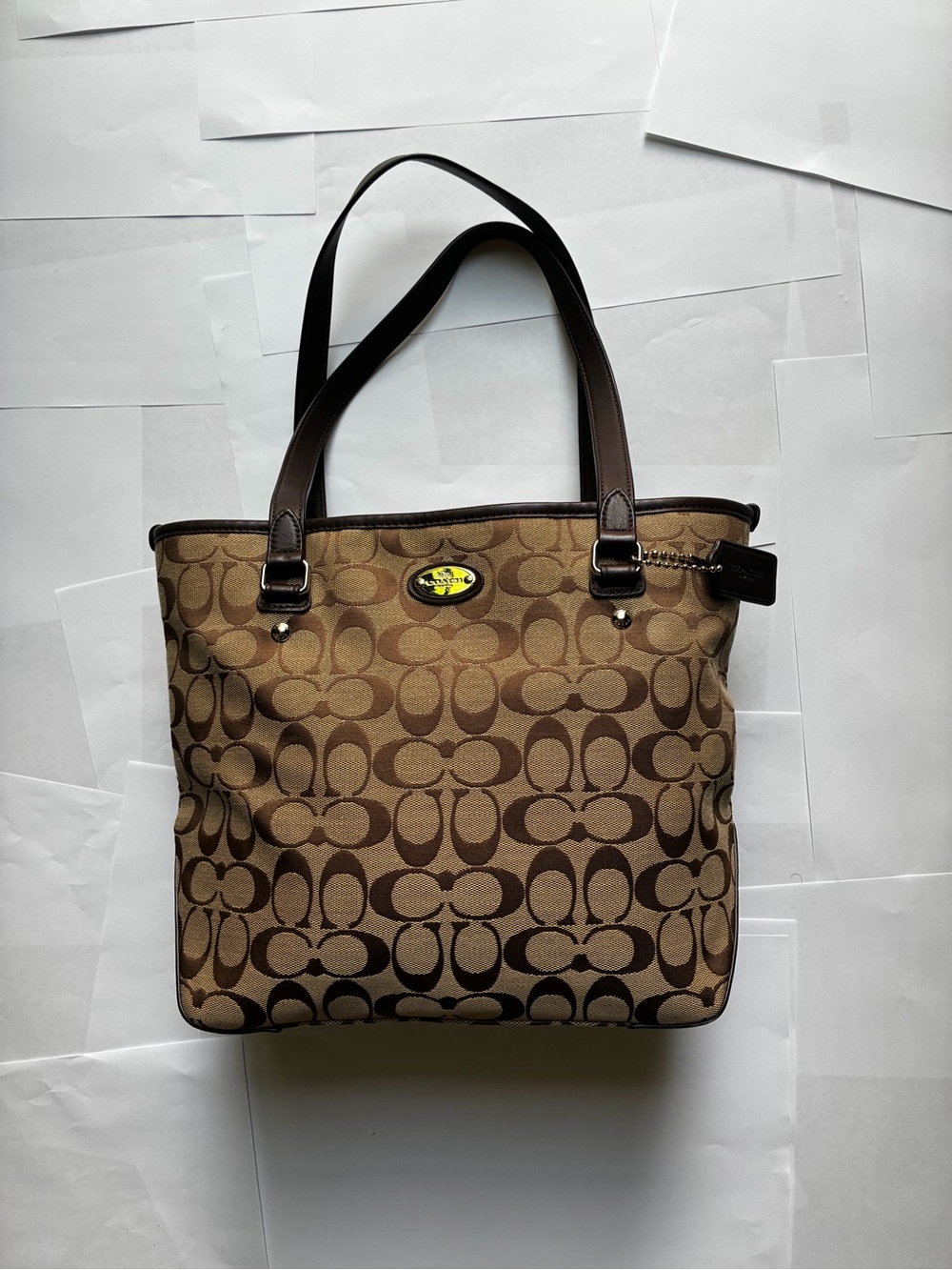 Coach Brown Signature Canvas Tote with Dark Brown Leather Straps